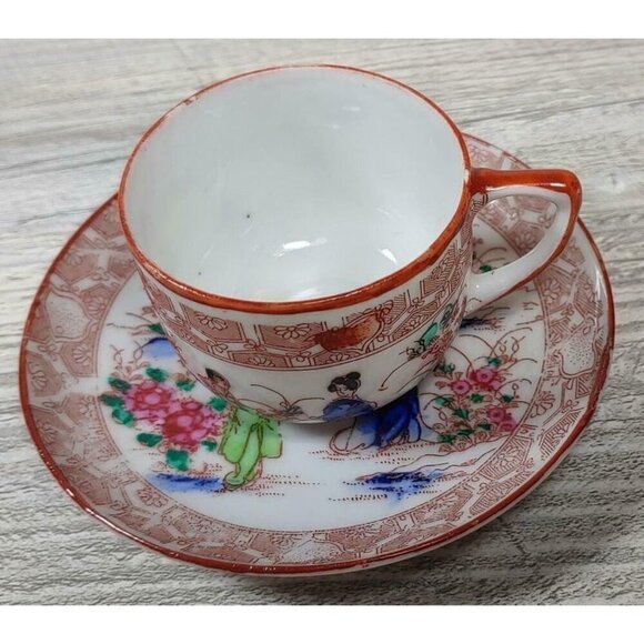 Japanese Kutani Geisha Lithophane Tea Cup & Saucer Set Red Blue White Vintage - Picture 2 of 11